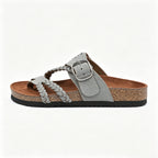 Women's Braided Leather Cork Footbed Sandals, Adjustable Buckle, Arch Support Orthopedic Slides