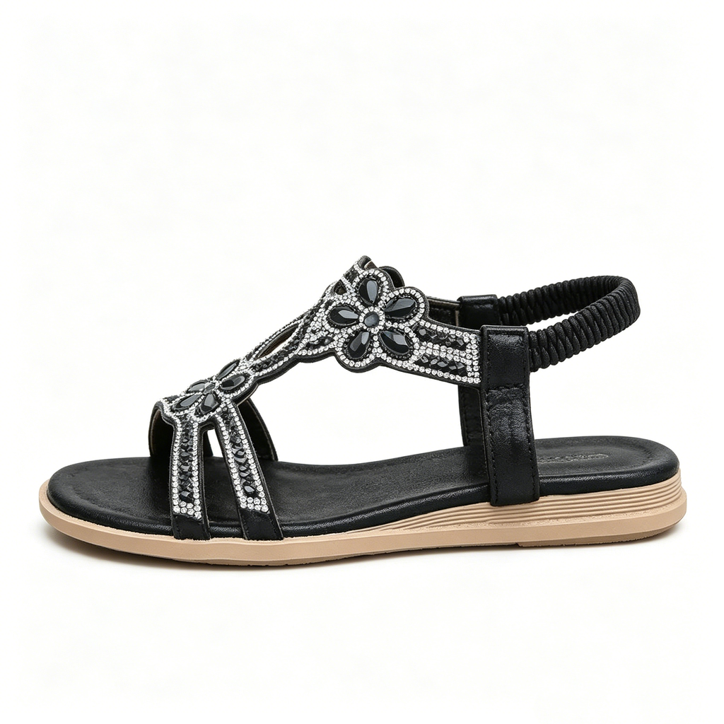 Women's Rhinestone Flower Flat Sandals, Elastic Back Strap Bohemian Summer Sandals Multi-Color Sparkly Open-Toe Shoes
