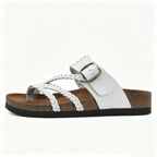 Women's Braided Leather Cork Footbed Sandals, Adjustable Buckle, Arch Support Orthopedic Slides