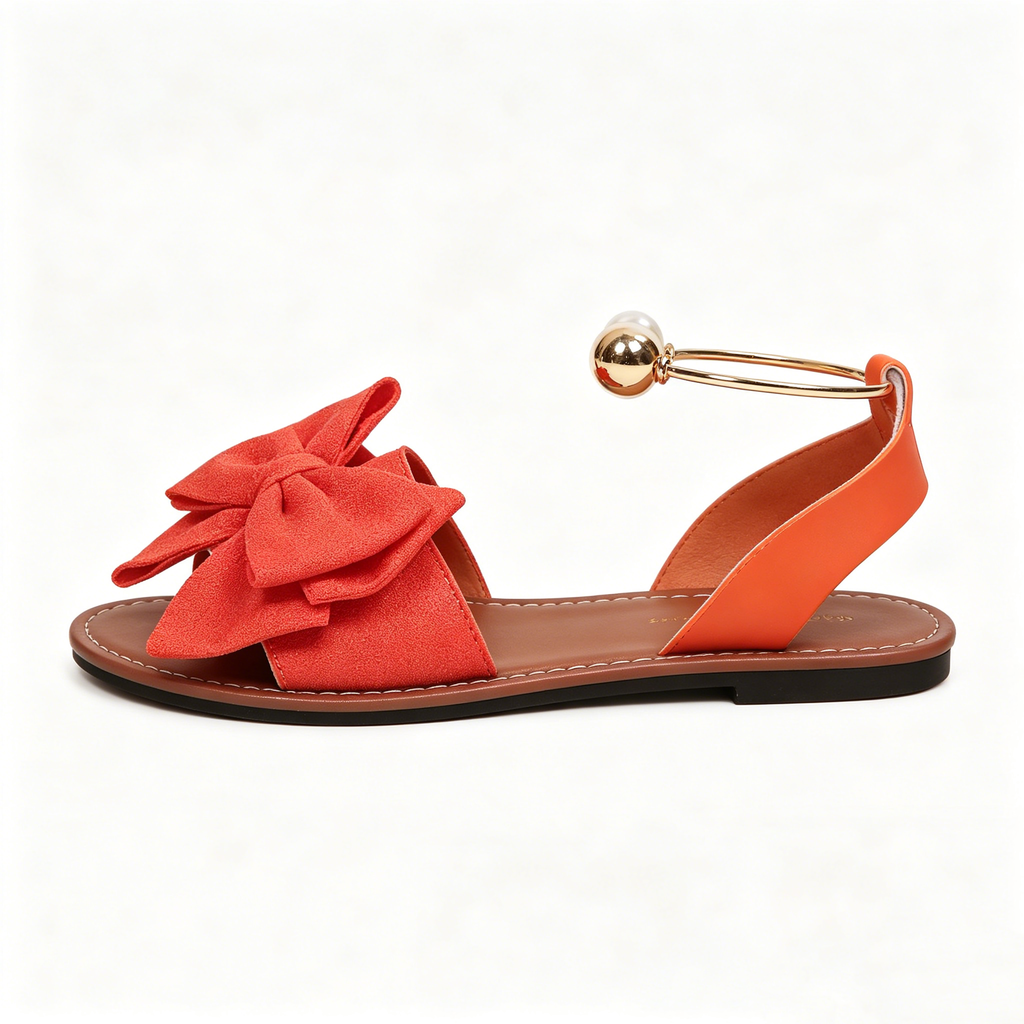 Women's Summer New Style Metal Buckle Single-Strap Flat Sandals with Bowknot and Pearl Versatile Casual Beach Sandals
