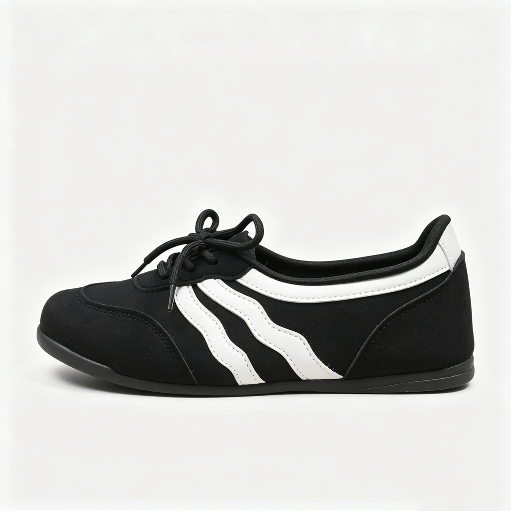 Women's Retro Lace-Up Ballet Sneakers, Black & White Stripe Casual Flat Shoes, Lightweight Comfortable Daily Wear Footwear