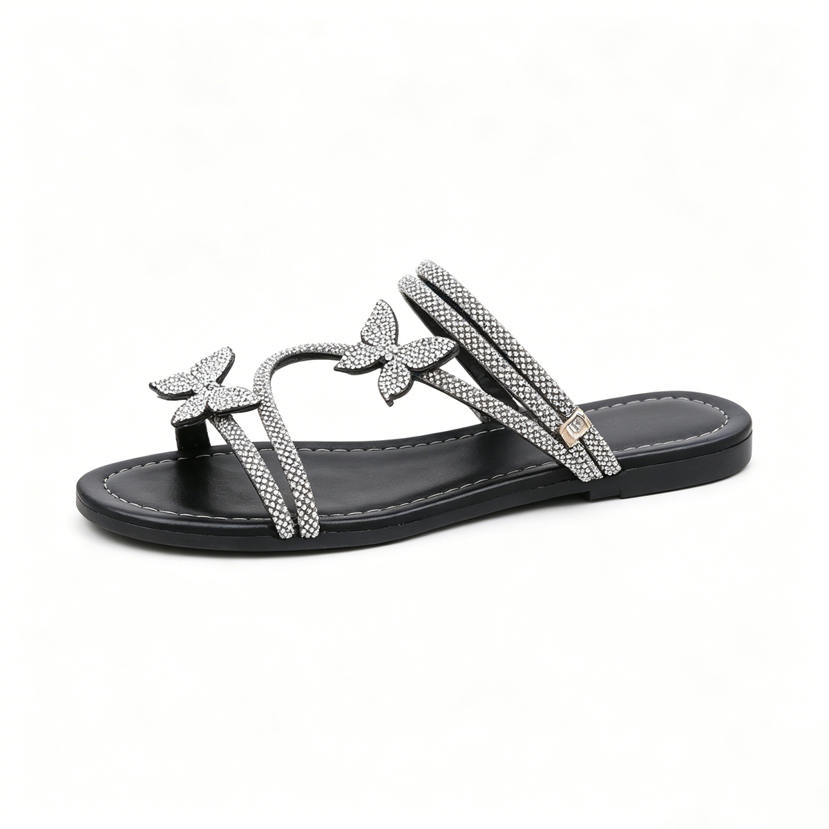 Women's Rhinestone Butterfly Slide Sandals, Shiny Crystal Flat Slippers, Glamorous Summer Open-Toe Sandals